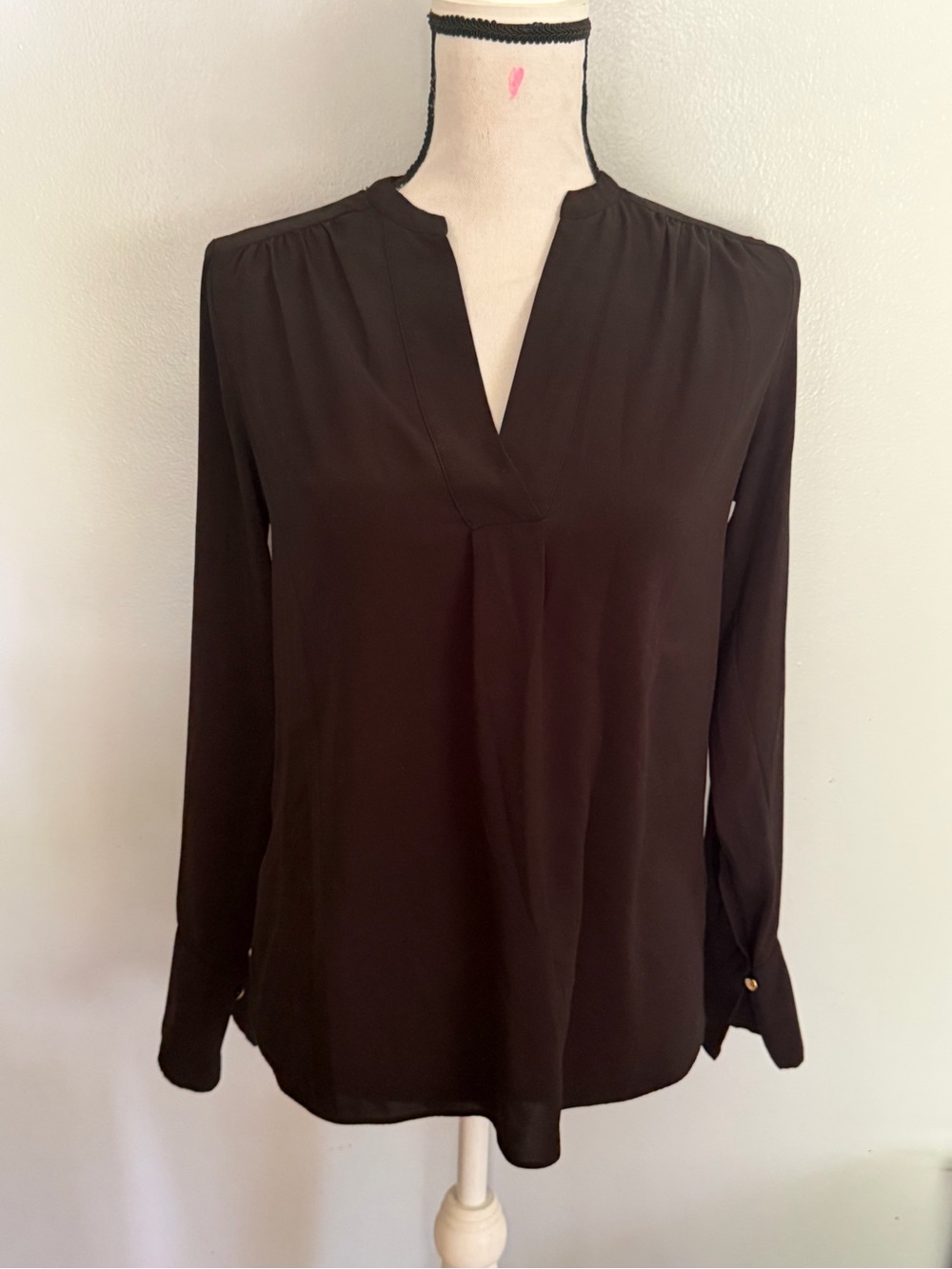 Calvin Klein Black Split-Neck Long Sleeve Blouse